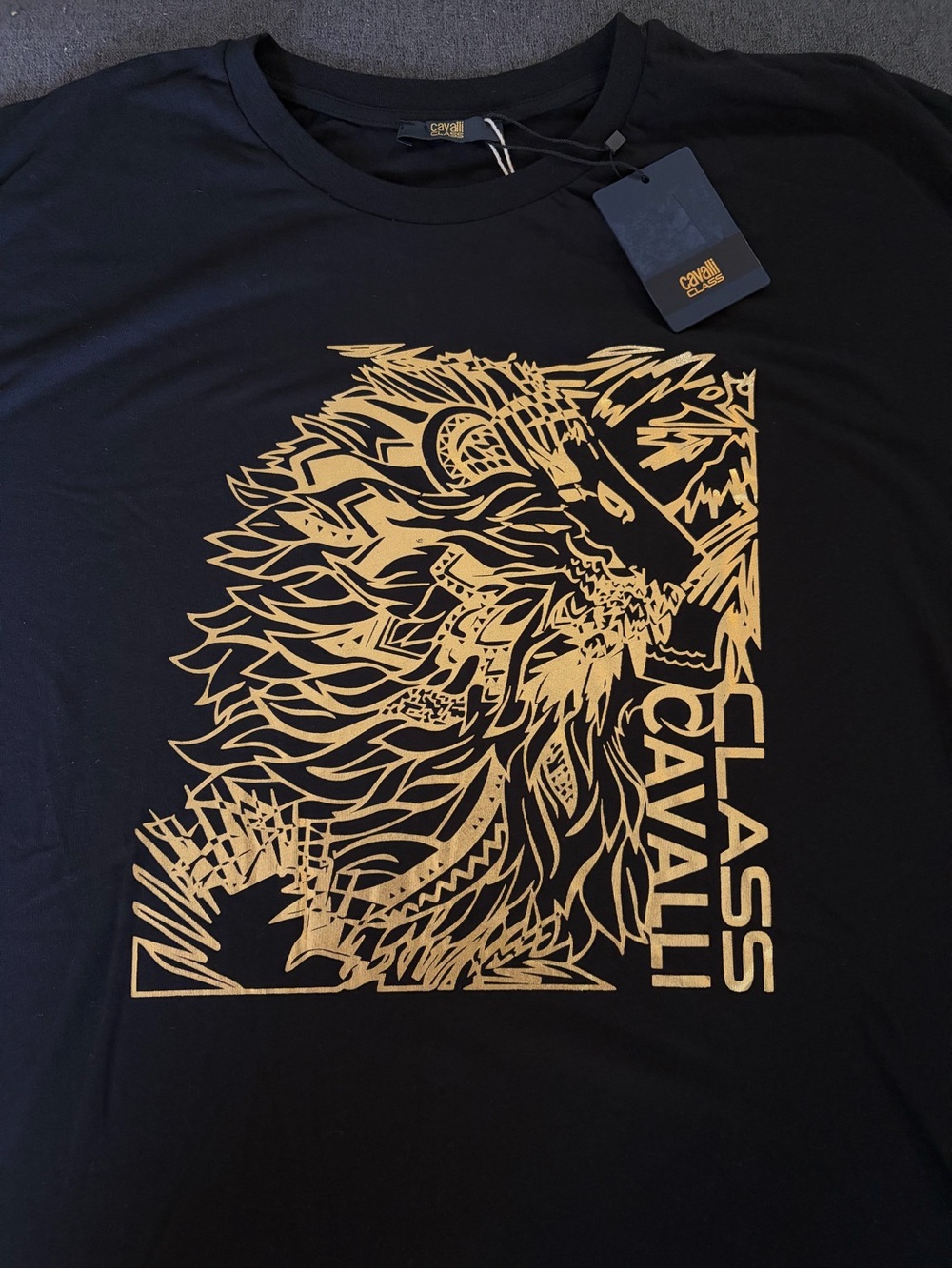 Cavalli Class Black Tee with Gold Lion Graphic